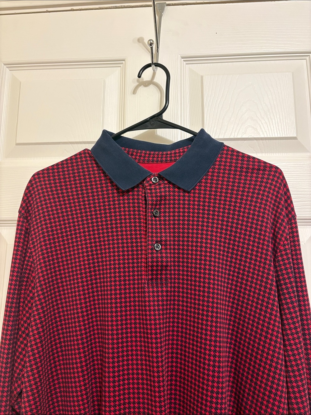 Lands' End Men's Red & Navy Houndstooth Long-Sleeve Polo Traditional Fit Shirt